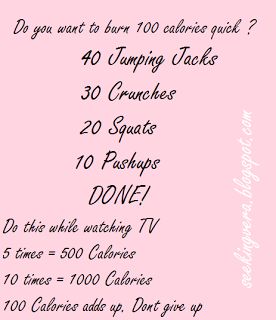 Seeking Vera: Lose 100 Calories Quick Do 5x for 500 , 10x for 1000 ect.  SO AWESOME !!! Check out the rest of the blog Burn 100 Calories, 1000 Calorie Workout, 1000 Calorie, Calorie Workout, Sixpack Workout, 1000 Calories, At Home Workout Plan, Trening Abs, 100 Calories