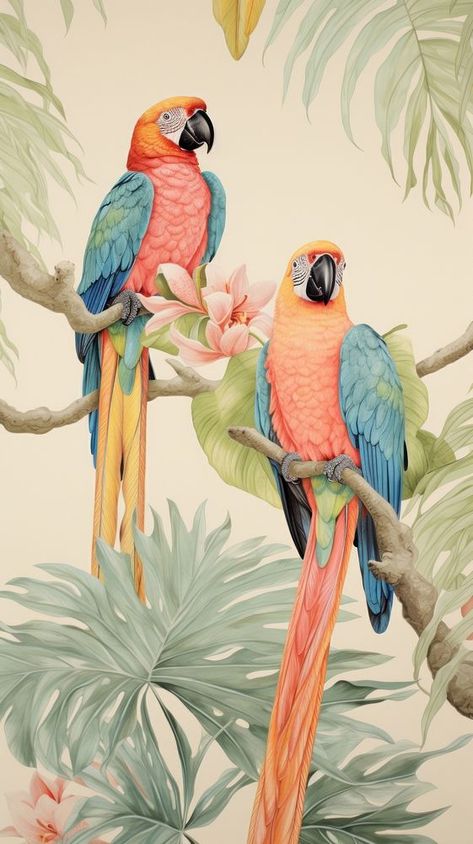 Jungle Wall Painting, Parrots Drawing, Tropical Bird Art, Parrot Illustration, Farm Wallpaper, Dog Characters, Birds Drawing, Parrot Drawing, Flex Design