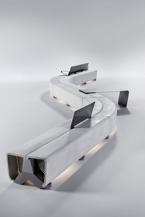 Integral to the Typology collection of lighting and seating, the Ribbon bench has modular segments (integrated with down-lighting) that can be arranged in straight, curving or semicircular configurations. #design #productdesign #furniture #outdoorfurniture #bench #typologyribbonbench #landscapeforms #azuremagazine Modular Bench, Metal Bench, Bench Designs, Street Furniture, Modular Furniture, Environment Design, Metal Furniture, Makkah, Cafe Design