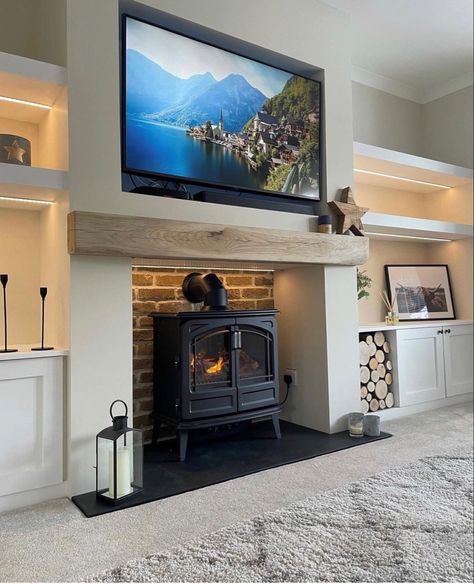 Tv Above Log Burner, Log Burner Tv Wall, Chunky Furniture, Cedar Beams, Alcove Ideas Living Room, Alcove Ideas, Wood Burning Stoves Living Room, Neutral Colour Scheme, Log Burner Living Room