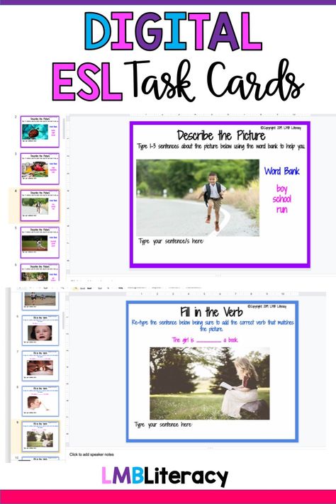 These digital ESL task cards, compatible with google slides, are perfect activities for beginner ELLs and those practicing the language. Perfect for teaching using the four domains of listening, speaking, reading, and writing. Each card is packed with real photos to help guide vocabulary acquisition. Word banks and sentence frames provide great scaffolding for this digital and interactive activity. #esl #eslactivities #vocabulary #google #googleslides #googleclassroom Eld Activities, Interactive Esl Activities, Sentence Frames For Ell, Ell Strategies Teaching Preschool, Ell Teaching Strategies, Speaking Activities Esl Beginners, Esl Sentence Structure Activities, Ell Learners, Esl Teaching Elementary