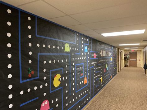 Pacman Hallway Decorations, Arcade School Theme, Board Game Decorations Party, Board Game Hallway Decorations, Game Theme Decorations, Game Show Decorations, Vbs Twist And Turns, Game Decorations Ideas, Vbs 2023 Twists And Turns Decorations