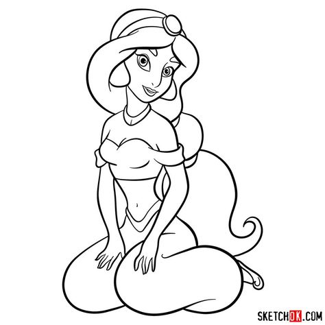 This is the second tutorial about making the drawing of Princess Jasmine. Follow the 18 steps to get your own drawing of the princess. How To Draw Princess Jasmine, How To Draw Jasmine, Jasmine Tattoo Princess, Princess Jasmine Drawing, Yasmin Disney, Jasmine Silhouette, Jasmine Coloring Pages, Drawing Of Princess, Jasmine Drawing