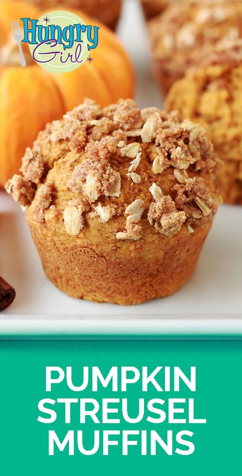 Healthy Pumpkin Streusel Muffin Recipe | Hungry Girl Muffin Pumpkin, Moist Pumpkin Muffins, Muffins With Streusel Topping, Fall Muffins, Pumpkin Streusel, Pumpkin Streusel Muffins, Hungry Girl Recipes, Recipes Pumpkin, Streusel Muffins