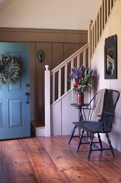 Colorful Farmhouse Style — Hurd & Honey American Colonial Interior, Colonial Interior, Colonial Farmhouse, Wide Plank Flooring, New England Homes, Colonial Decor, Blue Door, Wooden Floor, Style At Home