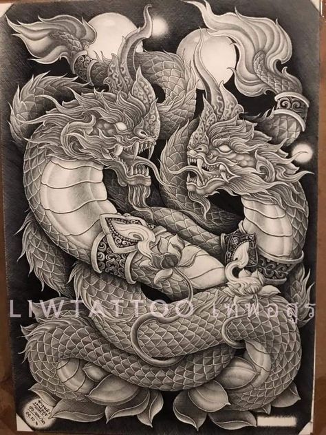 Koi Tattoo Sleeve, Japanese Snake Tattoo, Japanese Tiger Tattoo, Dragon Tattoo Sketch, Koi Tattoo Design, Dragon Tattoo Art, Thailand Tattoo, Cambodian Art, Sak Yant Tattoo