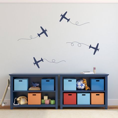 The Airplane Wall Decal Set is a fun addition to your childs plane themed bedroom! Its available in the color of your choice. See the color chart for your options. Color pictured is Dark Blue. The photographs are for a reference be sure use the measurements when ordering. Set of Airplane Room Decor, Airplane Bedroom, Airplane Boys Room, Airplane Room, Plane Decor, Airplane Wall Decor, Airplane Nursery, Airplane Decor, Airplane Wall