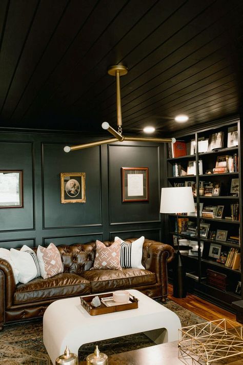 Manly Study Office, Comfortable Lobby Design, Green And Black Basement, French Inspired Office Space, Moody Man Cave Ideas, Whiskey Room Home Office, Masculine Commercial Office, Gentlemen’s Office, Moody Poker Room