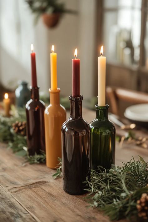 Looking for a creative way to reuse your wine bottles? This DIY guide will show you how to make chic candle holders that enhance your home decor. 🏡✨ #WineBottleUpcycling #CandleDecor #EcoFriendlyCrafts #HomeStyling #DIYProjects Wine Bottles Candles Holders, Candles On Bottles, Wine Bottles With Candles, Old Wine Bottle Ideas, Bottles With Candles, Candles In Wine Bottles, Candle In Wine Bottle, Upcycle Wine Bottles, Wine Bottle Candle Holders