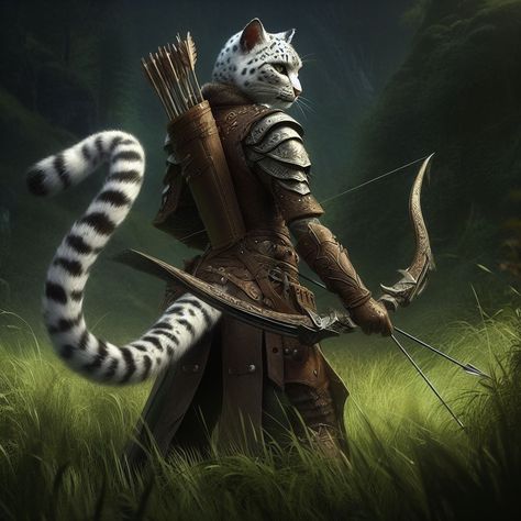 A Tabaxi from Dungeons & Dragons with a snow leopard coat, holding a bow and arrow in a field of grass. Snow Leopard Tabaxi Female, Tabaxi Female Ranger, Humanoid Feline, Tabaxi Warlock Female, Snow Leopard Tabaxi, Dnd Tabaxi Female Rouge, Snow Leopard Character, Tabaxi Barbarian, Tabaxi Druid