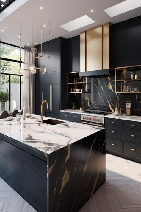 Luxe Gold Veining Backsplash with Dark Cabinets Light Countertops idea for kitchens Kitchen Countertops Decor, Small Kitchen Colors, Dark Cabinets Light Countertops, Backsplash With Dark Cabinets, Decor Ideas Kitchen, Latest Kitchen Designs, Kabinet Dapur, Dark Cabinets, Modern Farmhouse Kitchens