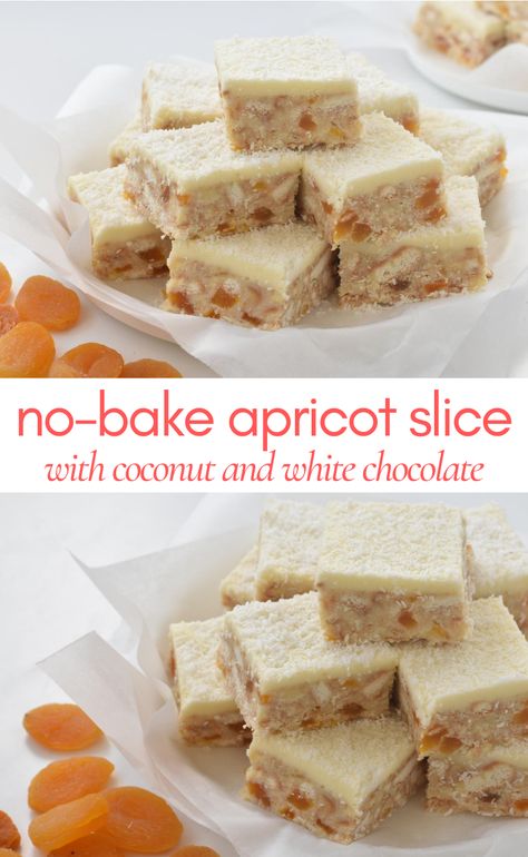 This apricot coconut slice takes less than 15 minutes to prepare and doesn’t require any baking. This slice is full of white chocolate, biscuits, dried apricots and coconut. A creamy soft icing is the perfect topping to this delicious sweet treat. Paan Ice Cream Recipe, Apricot Slice, No Bake Slices, Passionfruit Recipes, Apricot Recipes, Coconut Slice, Chocolate Slice, Tray Bake Recipes, Lemon Icing