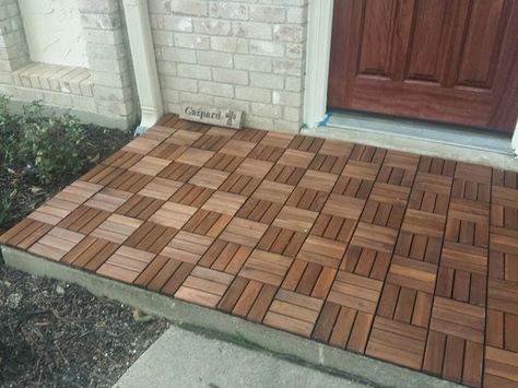 Runnen outdoor flooring from IKEA, DIY front door makeover Exopy Flooring Diy, Ikea Patio Flooring, Ikea Runnen Decking, Runnen Floor Decking Ikea Hacks, Ikea Outdoor Flooring, Ikea Runnen, Diy Front Door Makeover, Ikea Patio, Diy Front Door