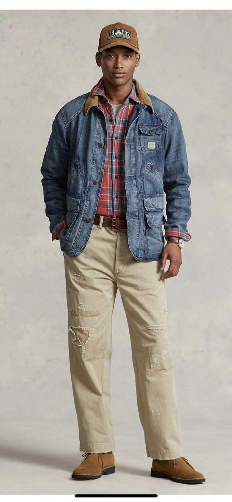 Utility Jacket Outfit, Denim Utility Jacket, Red Checked Shirt, Madras Shirt, Worker Boots, Work Coat, Streetwear Men, Ralph Lauren Denim, Streetwear Men Outfits