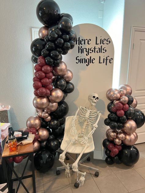 Rip To The Single Life, Rip Bach Theme, Rip Single Life Bachelorette Theme, Rip To My Single Life Bachelorette, Corpse Bride Bachelorette Party, Black Themed Bridal Shower Party Ideas, Emo Hen Party, Bride Or Die Bridal Shower Ideas, Bachelorette Party Ideas Black