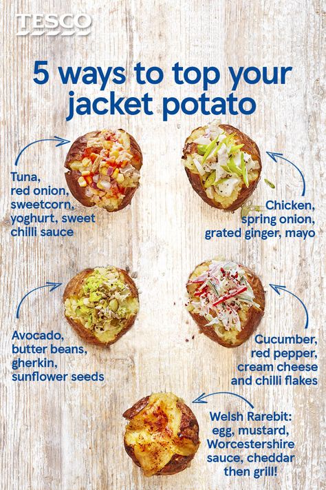 Stuck for jacket potato topping ideas? Go beyond beans and cheese with our simple yet delicious toppings for the ultimate jacket potato. How about a Welsh Rarebit recipe or vegan bean and avocado... | Tesco Garlic Stuffed Jacket Potatoes, Healthy Jacket Potato, High Protein Jacket Potato, Jacket Potatoes Recipes, Vegan Jacket Potato, Healthy Jacket Potato Fillings, Stuffed Jacket Potato Recipes, Healthy Baked Potato Toppings, Jacket Potato Toppings