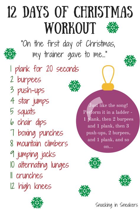 12 Days of Christmas Workout - Snacking in Sneakers Christmas Workout Challenge, 12 Days Of Christmas Workout, Holiday Fitness Challenge, Workout With No Equipment, Exercise Challenge, Christmas Workout, Holiday Workout, Hour Workout, Running Clothing