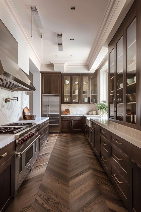 Dark Brown Floor Kitchen, Dark Floor Kitchen, Modern Contemporary Kitchen Design, Dark Brown Floor, Dark Brown Cabinets Kitchen, Modern Contemporary Kitchen, Brown Tile, Kitchen 2024, Brown Cabinets