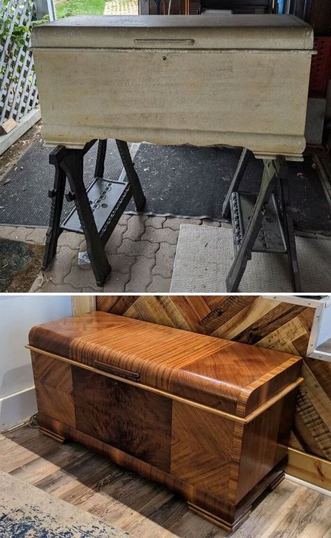 Restore Cedar Chest, Repurpose Hope Chest, Antique Hope Chest, Redoing An Old Cedar Chest, Refurbished Hope Chest, Redone Cedar Chest, Cedar Chest Redo Before After, Refinishing Cedar Chest, Waterfall Cedar Chest Makeover