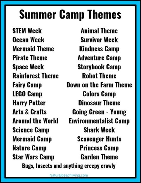 30+ Summer Camp Themes - The Best Summer Themes for Kids - These 30+ Summer Camp Themes and Descriptions will give you fun activities and ideas to fill your days with exciting Summer Themes. Summer Camp Theme Ideas for Preschoolers and youth camp, This page is full of great summer themes to explore nature, arts and crafts, Science, STEM, ocean activities, kindness and so much more. Summer Themes For Kids, Summer Daycare, Preschool Summer Camp, Camp Themes, Summer Camp Themes, Summer Themes, Summer Day Camp, Camp Theme, Summer Camp Activities