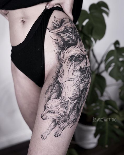 Fox Tattoo On Thigh, Fox Leg Tattoo, Fox Tattoo Thigh, Fox Tattoo Leg, Wolf Hip Tattoo, Wolf Tattoo Leg, Fox Thigh Tattoo, Wolf Leg Tattoo, Fox Back Tattoo