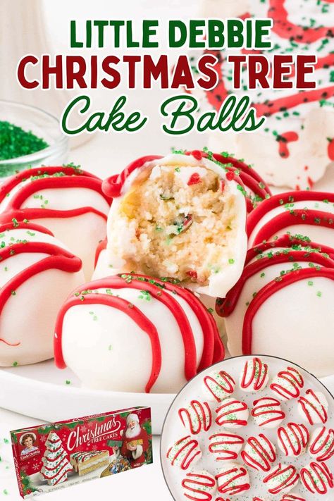 Little Debbie Christmas Cake Balls are the perfect 3-ingredient holiday treat! Easy, chocolate-coated truffles decorated with festive sprinkles. #HolidayBaking #ChristmasTreats #EasyDesserts Christmas Tree Cake Balls Little Debbie, Snickerdoodle Cake Balls, Snowman Cake Balls, Little Debbie Christmas Cake Balls, Christmas Balls Dessert, Cakeballs Recipes, Cake Pop Bars, Little Debbie Christmas Tree Cake Balls, Christmas Dessert Balls