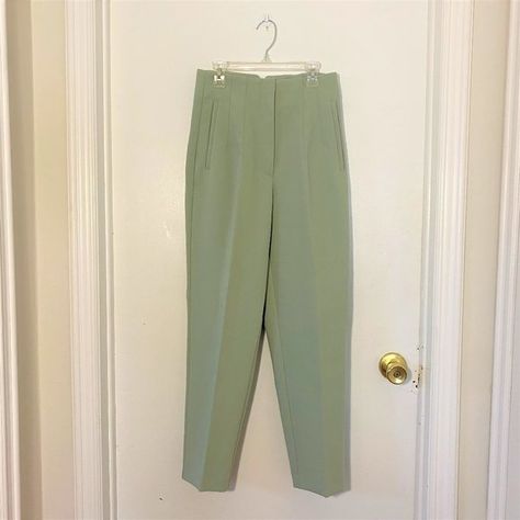 Zara Pleated Mint Green Sage Dress Pant Trouser SMALL Mint Green Trousers Outfit, Sage Green Trousers Outfit, Green Sage Dress, Green Trousers Outfit, Tucked In Shirt, 2022 Outfits, Pant Trouser, Zara Trousers, Sage Dress