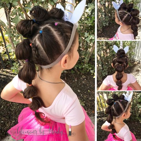 Unicorn Hairdo for a unicorn-themed birthday party. Hair by GlamourbyHeidy Parade Hairstyles Simple, Rockstar Hair For Kids, Kids Unicorn Hair, Unicorn Hairstyle For Kids, Unicorn Crazy Hair Day, Toddler Unicorn Makeup, Toddler Unicorn Hair, Unicorn Hair Bleach Party, Unicorn Costume Hairstyles