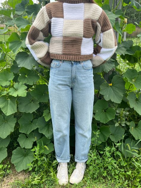 Crochet Patched Cardigan, Square Sweater, Patch Knit Sweater, Crochet Patch Sweater, Crochet Patch Sweater Pattern Free, Crochet Patch Work Sweater, Crochet Patchwork Sweater Pattern Free, Crochet Brown Sweater, Patch Sweater Crochet