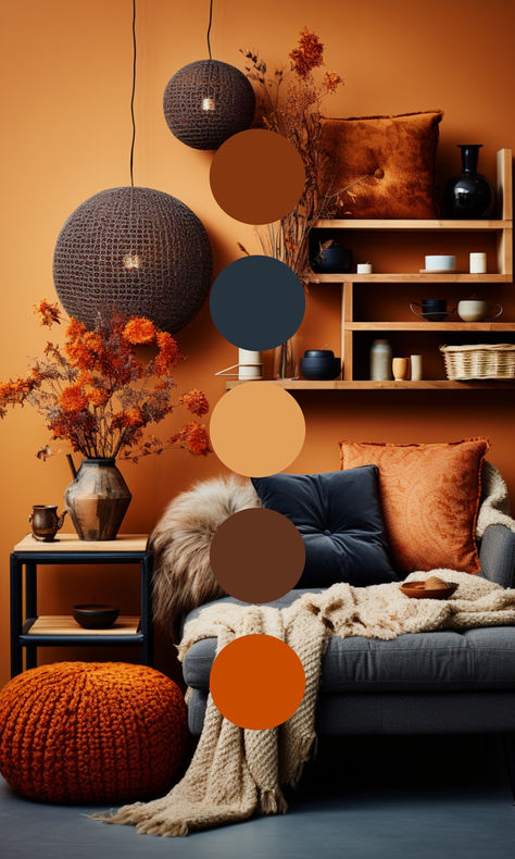 Adding a pop of cool to warm interiors creates an edgier look and a subtle imbalance. You may like a tonal look, which works well. However, adding a contrast helps crate more unique interiors. Why not try it? Get more FREE tips from our mini magazine series 'Loving Where You Live'  #plushdesigninteriors #colorcombos #colourfulinteriors #lovingwhereyoulive Autumn Colour Scheme Living Rooms, Orange Feature Wall Living Room, Autumn Colour Palette Interior, Autumnal Colour Palette Interior, Orange Brown Colour Palette, Orange Colour Interior Design, Orange Living Room Walls, Blue And Orange Living Room, Modern Style Living Room