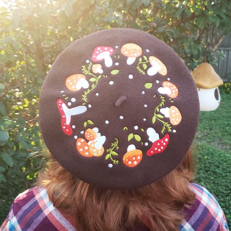 Fairy Circle Beret by Sugar Lich | Kei Collective Rowan Aesthetic, Embroidered Beret, Embroidered Fairy, Brown Beret, Cute Beret, Fairy Circle, Selling Ideas, Pinup Style, Crochet Mushroom