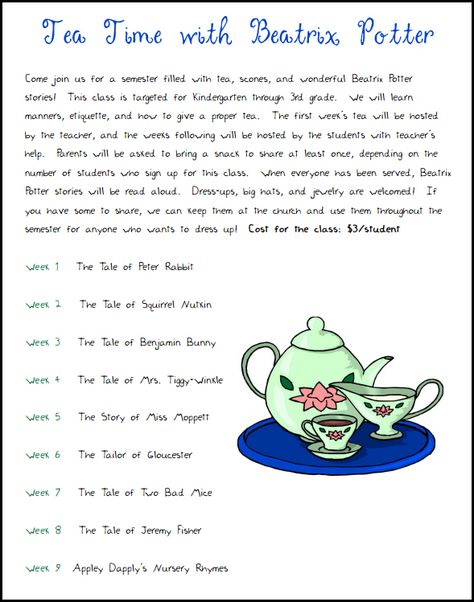 Tea Time with Beatrix Potter Homeschool Co-op Class from Walking by the Way Tea Cup Story Printable, The Tea Cup Story, Beatrix Potter Homeschool, Poetry Tea Time Homeschool, Beatrix Potter Inspired Art, Fall Poetry, Preschool Set Up, Poetry Teatime, Homeschool Units