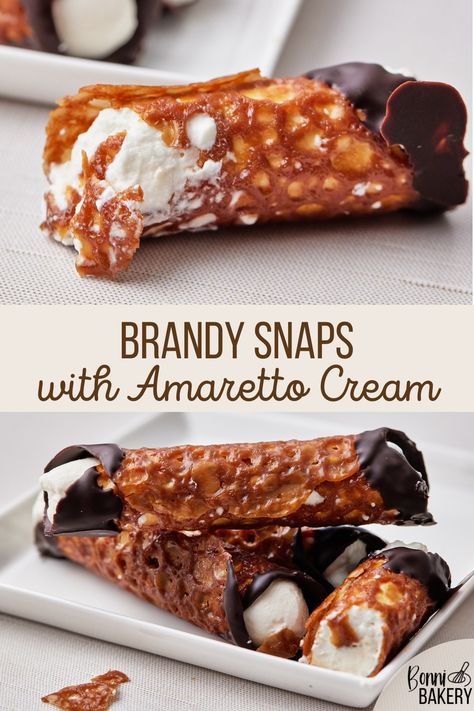 Desserts With Beer, Brandy Dessert Recipes, Brandy Snaps Filling Ideas, Brandy Snaps Recipe, Great British Bake Off Recipes, British Dessert Recipes, Homemade Brandy, Easy Dinner Party Desserts, Brandy Snap