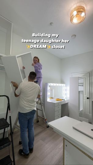 433K views · 80K reactions | Let’s build my teenage daughter’s ✨DREAM✨ closet in less than 24 hours 🥲 We recently remodeled our dining room into a bedroom for our oldest daughter. Because of this, there was no build-in closet system in the room which means we had to take things into out own hands… with the help of @modularclosets 😉. Today we are turning this blank wall into a MASSIVE closet, complete with a vanity and all. Stay tuned for the rest! 🤩 #roommakeover #closetmakeover #modularclosets #iwantamodularcloset #closetorganization #closetsystem #wallcloset | Jessica Skube | jesssfam · Original audio Turn Room Into Closet, Closet And Vanity Room Ideas, Massive Closet, Modular Closets, Oldest Daughter, Build A Closet, Wall Closet, Vanity Room, Teenage Daughters