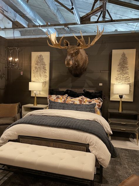 Hunting Camp Bedroom Ideas, Master Bedrooms Decor Deer, Master Bedrooms Decor Cabin, Deer Mount In Bedroom, Colorado Themed Bedroom, Hunting Bedroom For Boys, Rustic Luxury Bedroom, Buffalo Bedroom, Lodge Bedroom Ideas