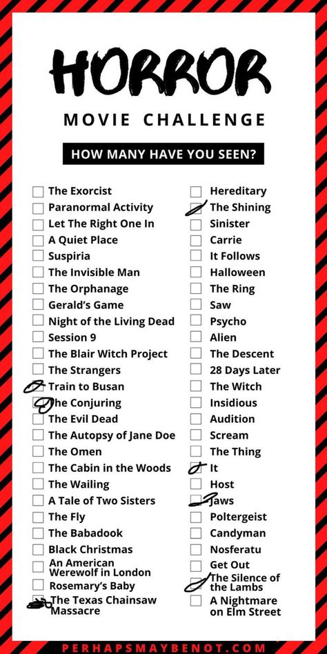 Classic Slasher Movies List, October Horror Movie Challenge, Movies To Watch With Friends Funny, Horror Movie Bucket List, Classic Horror Movies List, October Horror Movie List, Top 10 Horror Movies List, Slasher Movies List, Top Horror Movies List