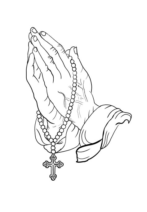 Praying Hands With Rosary Tattoo Stencil, Hand With Rosary Tattoo, Praying Hands Tattoo Stencil, Praying Hands Tattoo Design Ideas, Praying Hands With Rosary Tattoo, Angel Tattoo Stencils, Praying Hands Drawing, Praying Hands With Rosary, Praying Hands Tattoo Design