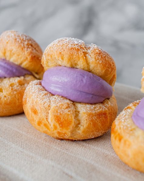 Ube Cream Puffs (Pâte �à Choux Recipe) - Fork & Spoon Cream Puff Flavors, Ube Desserts, Ube Dessert Recipe, Choux Recipe, Jiggly Puff, Dessert Favorites, Ube Recipes, Filipino Food Dessert, Valentines Dinner