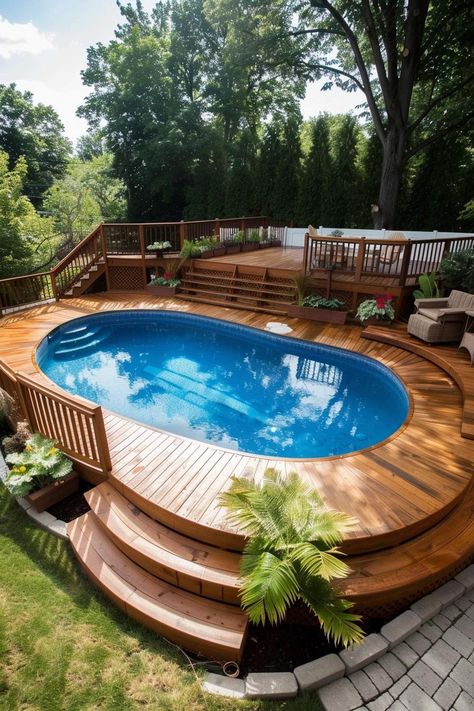 Budget-Friendly Above Ground Pool Deck Ideas Deck Pool Ideas, Pool Decks Decorating Ideas, On Ground Pool, Above The Ground Pool Ideas, Creative Pool Ideas, Beach House Must Haves, Above Ground Pool Landscaping Deck, Deck Pool Above Ground, Above Ground Swimming Pool Ideas