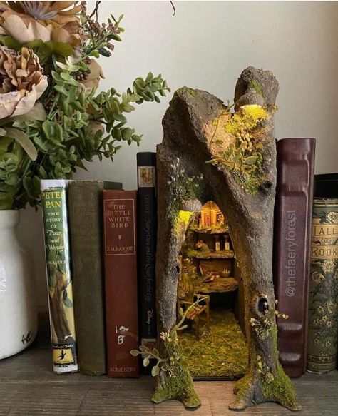 Fairy Book Nook, Fairy Nook, Fairy Library, Bookshelf Decor Ideas, Book Nook Diorama, Forest Coloring Book, Forest Book, Bookshelf Art, Aesthetic Fairy