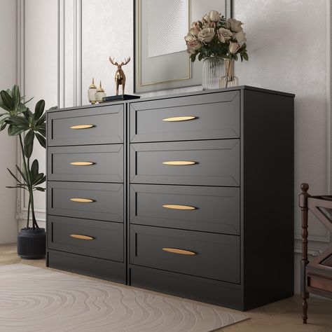 PRICES MAY VARY. ✅ Versatile Storage Solution: Enhance your child's room with this 4-drawer dressers set of 2 by TOLEAD. These black chests of drawers with gold handles offer a stylish and practical storage solution, perfect for organizing toys, clothes, books, and more. ✅ Child-Friendly Design: Designed with the safety of children in mind, these dressers feature rounded edges and smooth surfaces. The spacious 4 drawers provide ample storage space for your little one's belongings, keeping their His And Hers Chest Of Drawers, Long Black Dresser Bedroom, Ikea Malm Dresser Entryway, Chest Of Drawers Kitchen, Black Dressers Gold Hardware, 2 Chest Of Drawers In Bedroom, 4 Drawer Chest Of Drawers, Clothing Storage In Small Bedroom, Best Dressers Bedrooms