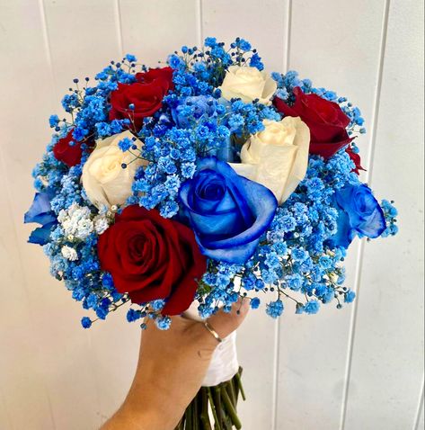 Red And Blue Rose Bouquet, Red And Blue Flowers Aesthetic, Blue And Red Flower Bouquet, Blue And Red Quinceanera Ideas, Red And Blue Flower Arrangements, White Rose Bouquet With Blue, Red And Blue Quinceanera Theme, Red And Royal Blue Wedding, Spiderman Quince