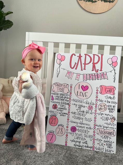 First Birthday Party Games Indoor, Diy Photo Board First Birthday, First Bday Diy Decorations, First Birthday Photo Board Ideas, Diy Milestone Board 1st Birthday, 1st Birthday Stats Board, 1st Birthday Party Picture Display, First Birthday Milestone Board Diy, All About Me 1st Birthday