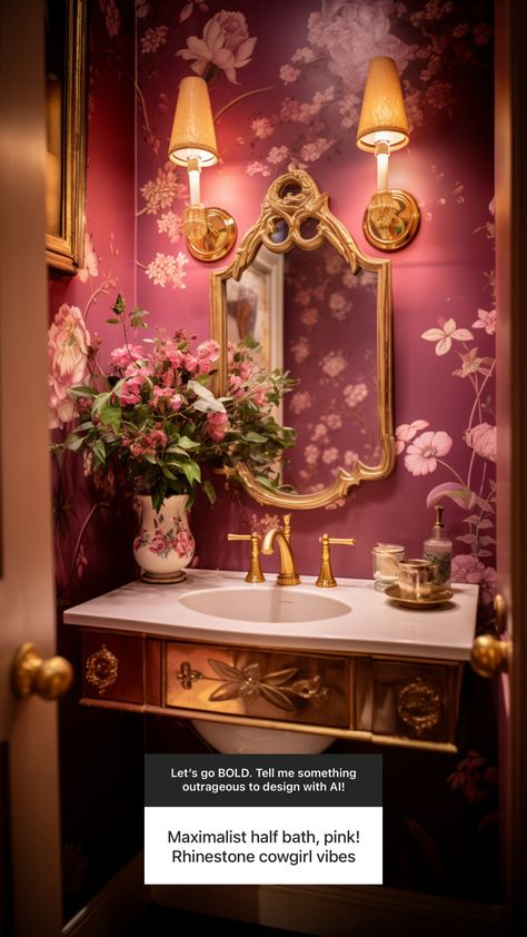 maximalist pink half bath Maximalist Half Bathroom, Moody Pink Bathroom, Maximalist Powder Room, Maximalist Decor Bathroom, Mauve Bathroom, Womens Bathroom, Washroom Ideas, Maximalist Bathroom, Gothic Whimsical