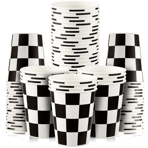 Checkered Paper, Black And White Party, Checkered Decor, Race Car Birthday Party, Race Party, Race Car Party, Paper Coffee Cup, Race Car Birthday, Birthday Party Tables