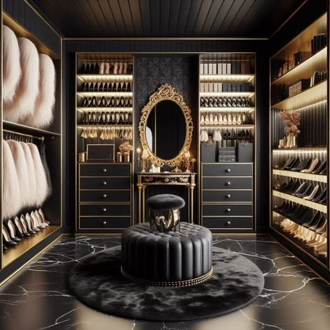 Black And Gold Walk In Closet, Black Closet Interior, Dark Dressing Room, Walkin Closets Design, Castle House Design, Stylish Room Decor, Walking Closet, Dream Closet Design, Luxury Closets Design