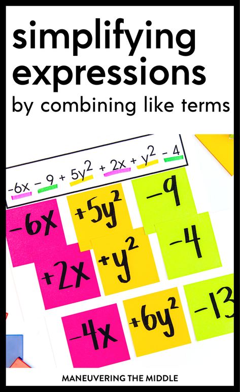 Simplifying expressions by combining like terms is foundational for algebra and all future math. Check out these great tips! | maneuveringthemiddle.com Gina Wilson All Things Algebra, Simplify Algebraic Expressions, Algebra Manipulatives, Algebraic Expressions Activities, Simplify Expressions, Pre Algebra Activities, Algebra Games, Algebra Classroom, Simplifying Algebraic Expressions