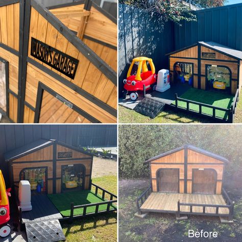 Power Wheels Garage, Playhouse With Garage, Play Garage, Playhouse Remodel, Shed Playhouse, Outdoor Toy Storage, Car Shed, Small Garage, Outdoor Play Area