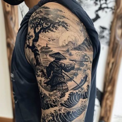 Asian Theme Tattoo, Mens Japanese Tattoos, Japanese Style Back Tattoo, Japanese Landscape Tattoo, Japan Tattoo Ideas, Asian Tattoo Ideas, Chinese Sleeve Tattoos, Japan Style Tattoo, Japenses Tatoos Design