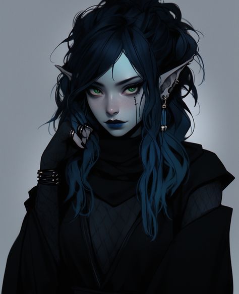 Storm Witch Character Design, Dark Fantasy Hair, Gothic Dnd Character, Blue Aesthetic Cartoon, Elf Blue Hair, Dark Haired Elf, Black Haired Elf, Pfp Blue Aesthetic, Blue And Black Aesthetic